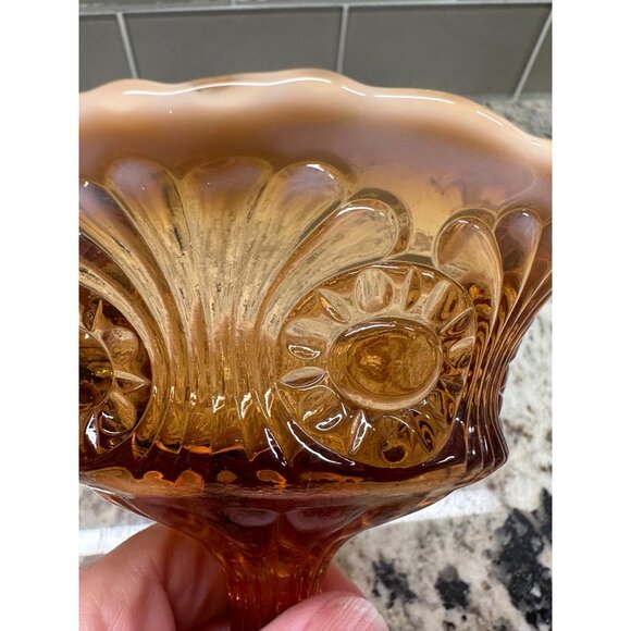 Vitg Fenton Amber Opalescent Glass Compote Candy Dish Cameo Eye & Scroll Design - Picture 6 of 12